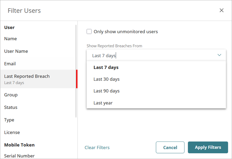 Screen shot of the Filter Users window.
