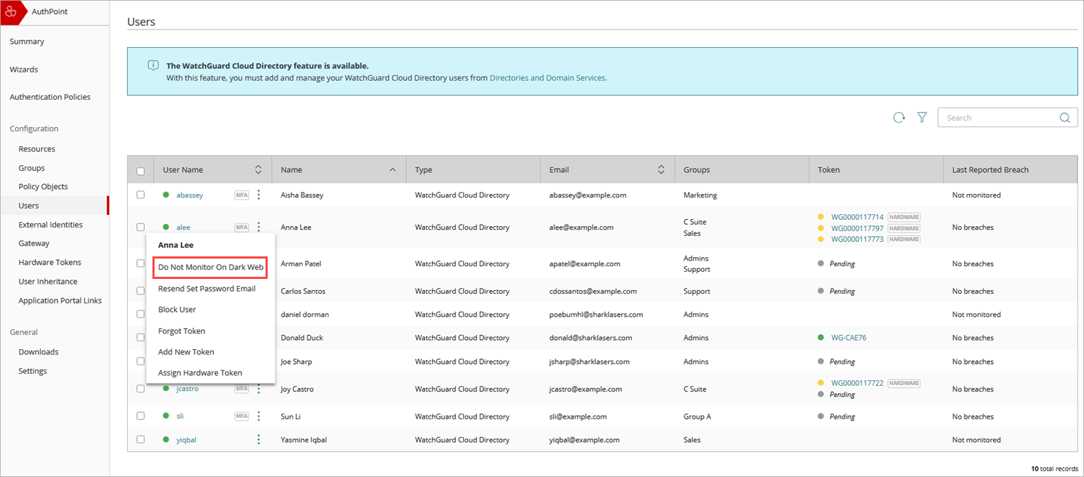 Screen shot of the Dark Web Monitor page.
