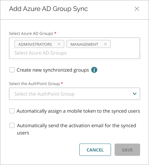 Screen shot that shows the Add Azure AD Group Sync window.