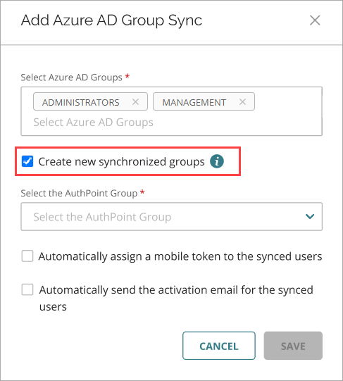 Screen shot that shows the Add Azure AD Group Sync window.