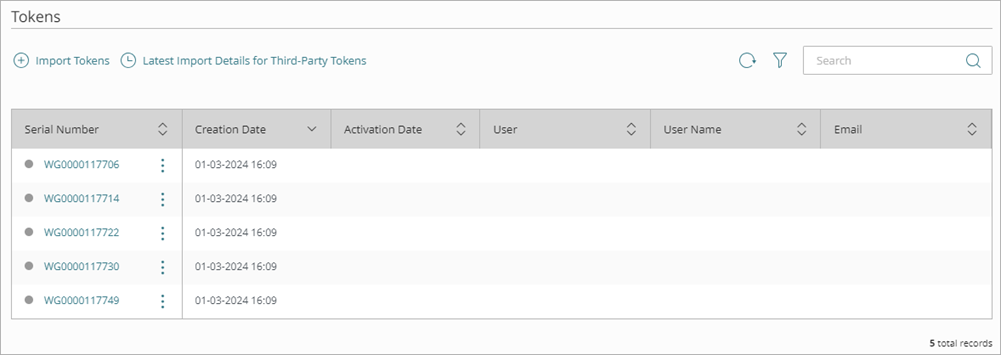 Screen shot of the Tokens page with hardware tokens imported.