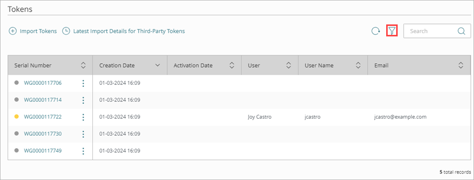 Screen shot of the filter icon on the Tokens page.