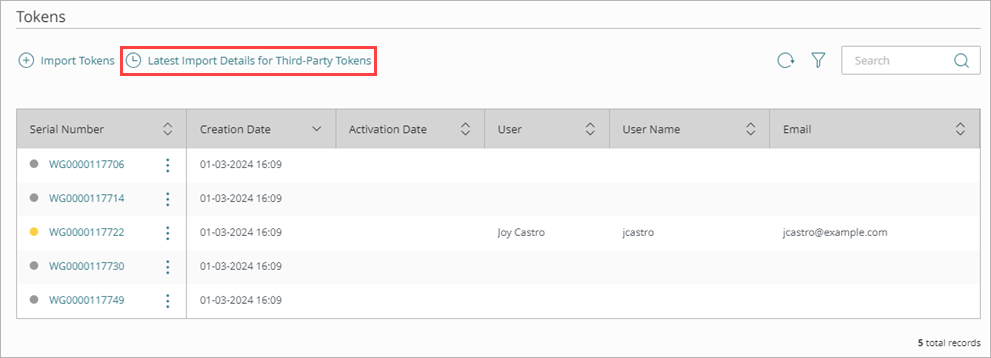 Screen shot that shows the Latest Import Details button on the Tokens page.