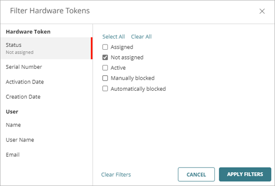 Screen shot that shows the Filter Hardware Tokens window.