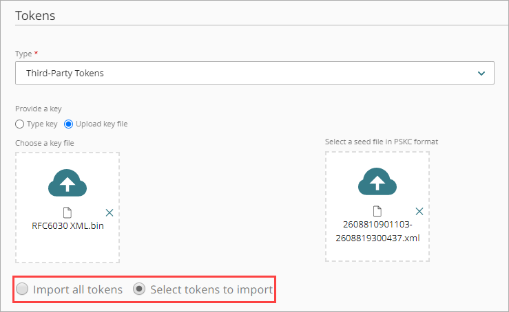 Screen shot of the Tokens page with the Select Tokens to Import option selected.