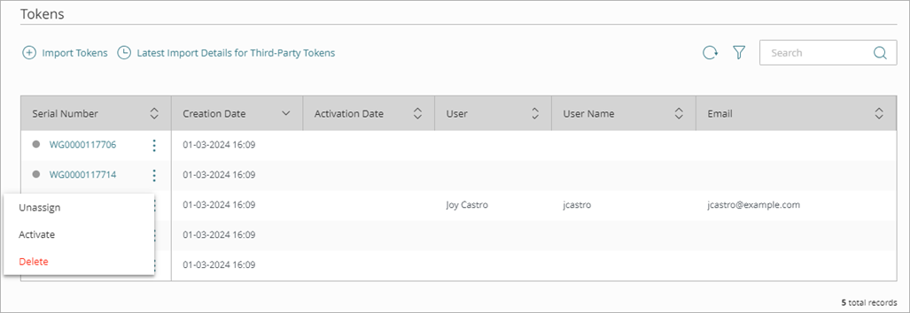 Screen shot that shows the token menu for an assigned token.
