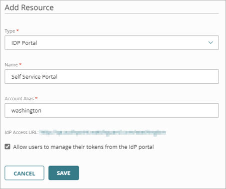 Screen shot that shows the IdP portal fields on the Add Resource page.