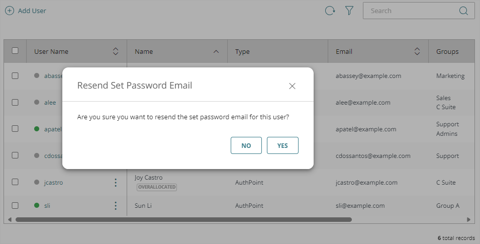 Screen shot that shows the Resend Set Password Email window.