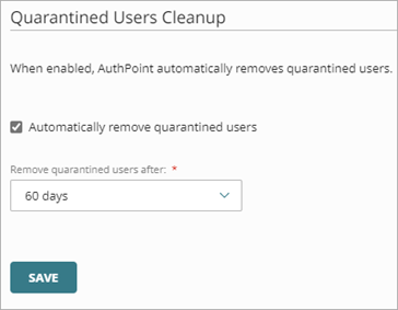 Screen shot that shows the Quarantined Users Cleanup section on the Settings page.