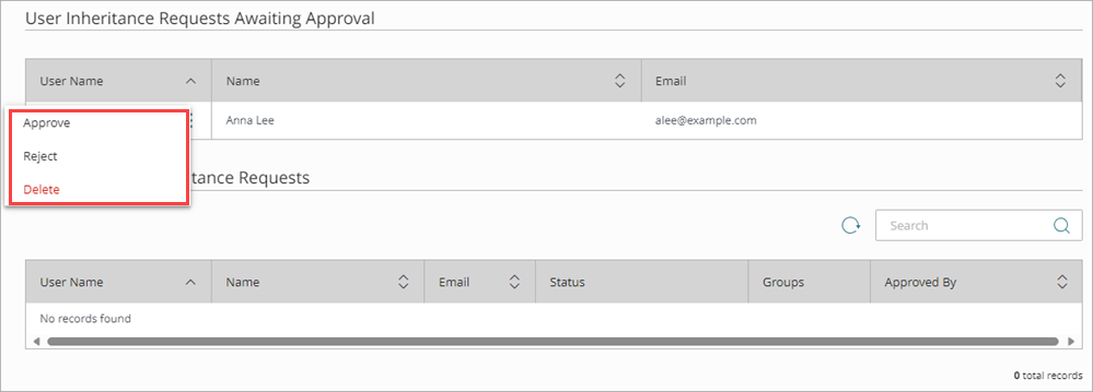 Screen shot that shows the menu for a pending user inheritance request.