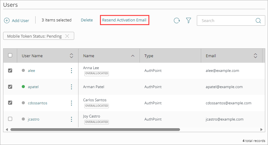 Screen shot that shows the Resend Activation Email option above the Users list.