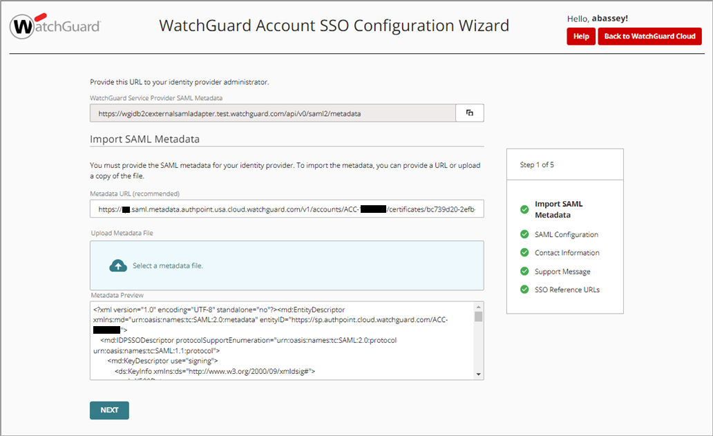 Screenshot of the Account SSO Configuration Wizard