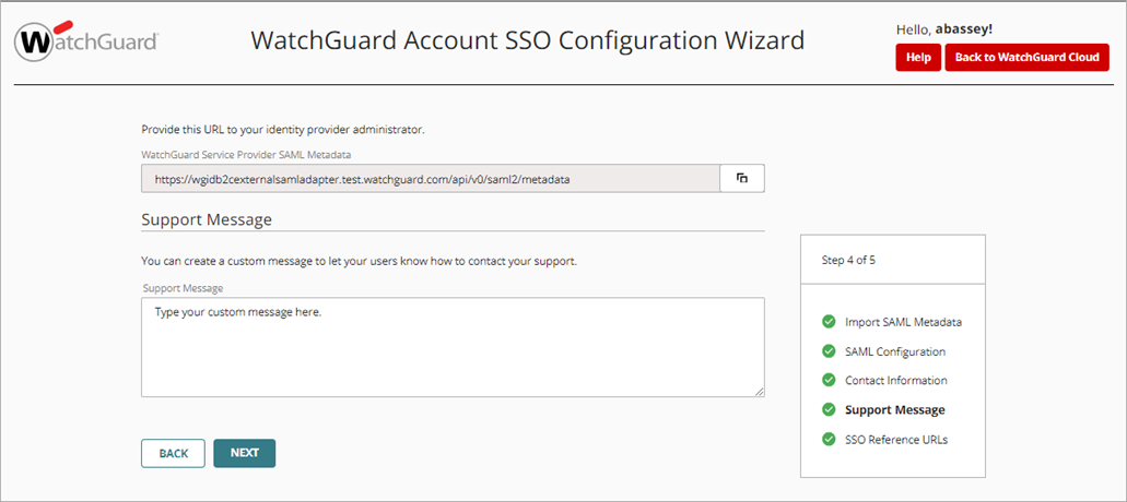 Screenshot of the SAML SSO configuration support message page