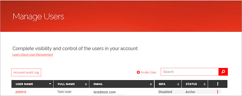 Screen shot of the Manage Users page on the WatchGuard Portal