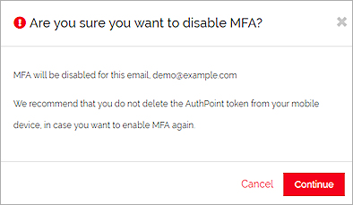 Screen shot of Disable MFA confirmation message