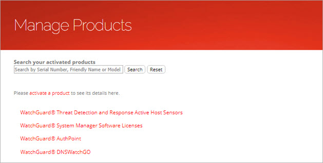 Screen shot of the top of the My Products page