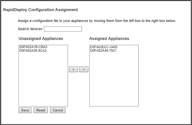 Screen shot of the RapidDeploy Configuration Assignment settings