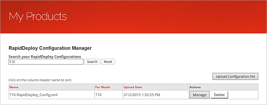 Screen shot of the RapidDeploy Configuration Manager page with a file uploaded