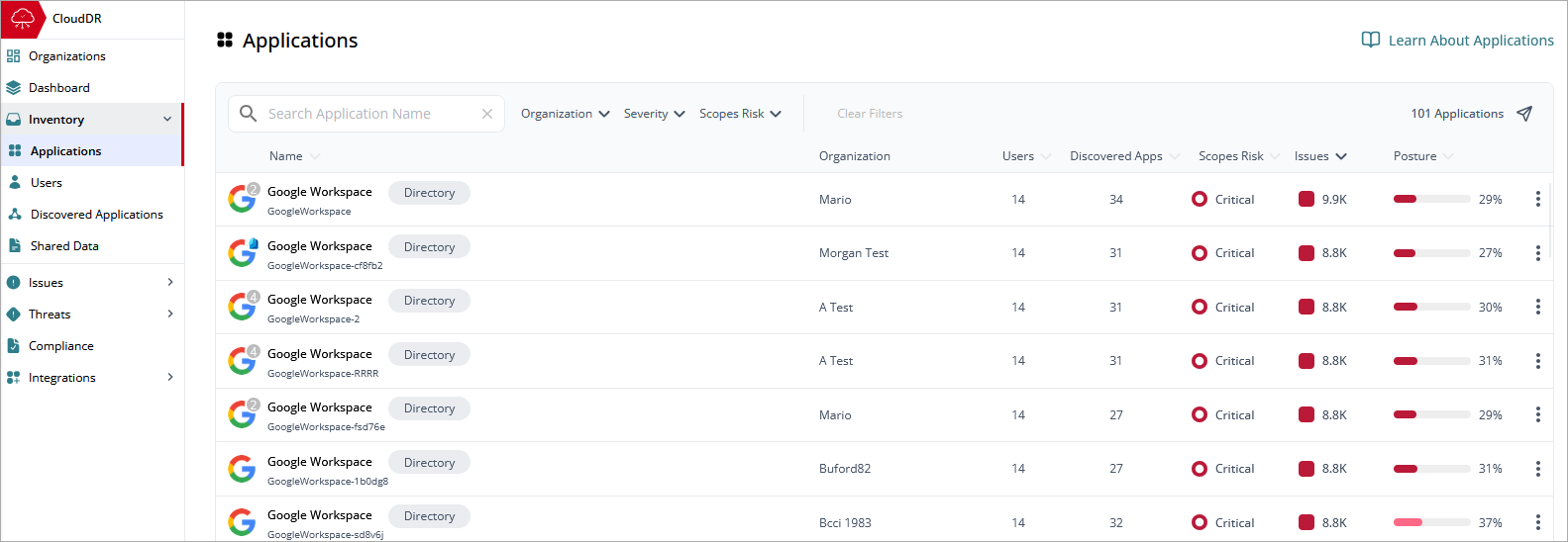 Screenshot of the Inventory > Applications page