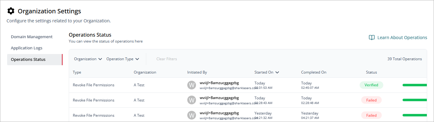 Screenshot of the Organization Settings > Operations Status page