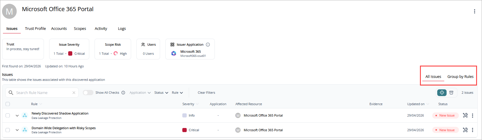 Screen shot of Discovered Applications issues page, WatchGuard CloudDR
