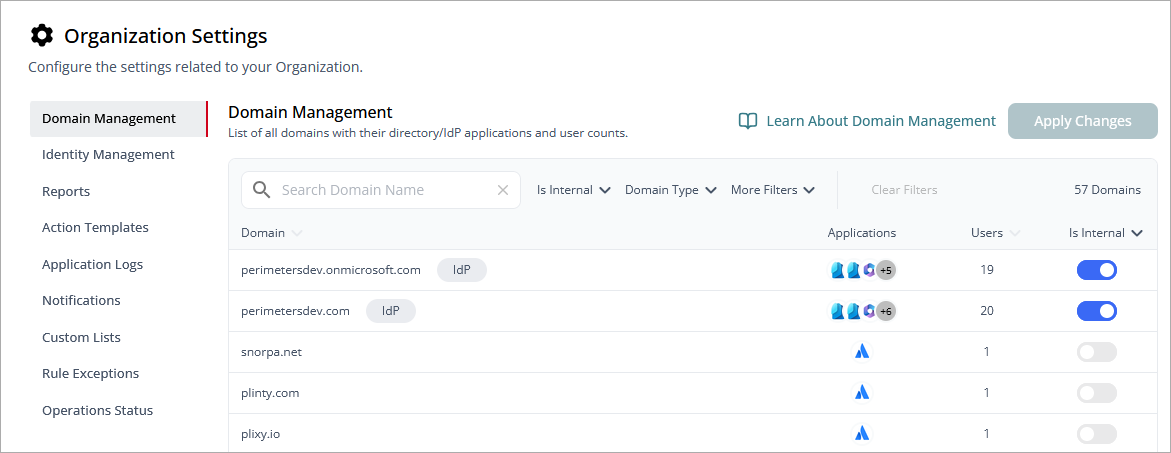 Screenshot of the Organizations Settings page, single organization