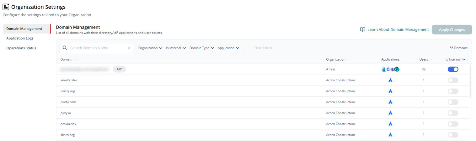 Screenshot of the Organizations Settings page