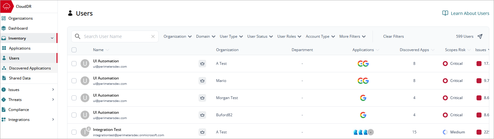 Screenshot of the Inventory > Users page