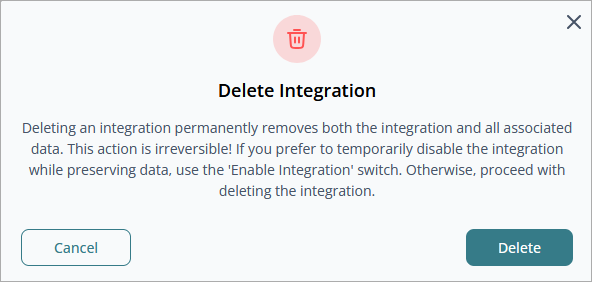 Screen shot of delete integration confirmation dialog box in CloudDR