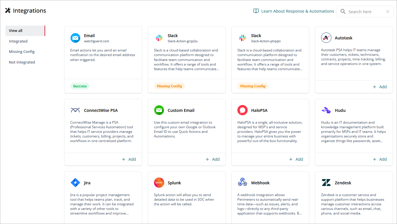 Screen shot of Integrations page in CloudDR