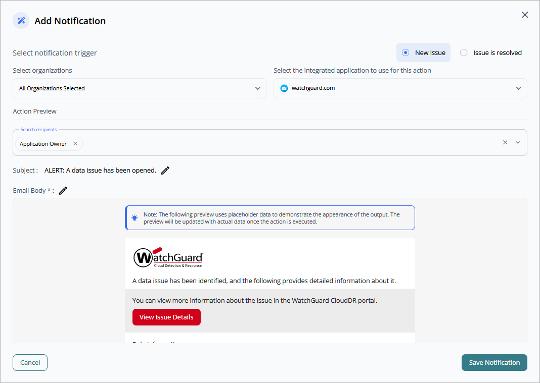 Screen shot of Add Notifications dialog box, CloudDR