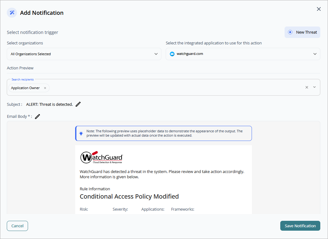 Screen shot of Add Notifications dialog box, CloudDR