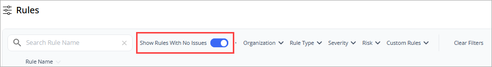 Rules list, Show Rules with No Issues toggle in CloudDR