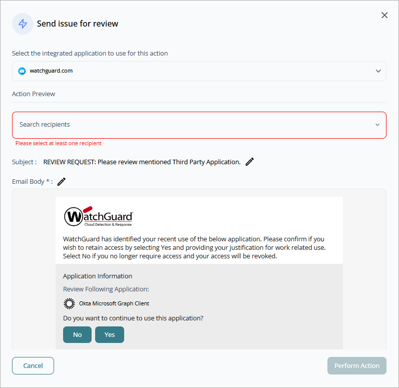 Screen shot of Send Issue for Review dialog box, CloudDR