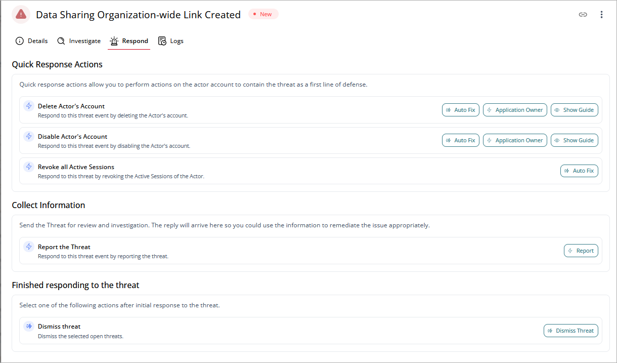 Screen shot of Quick Response Actions for threats in CloudDR