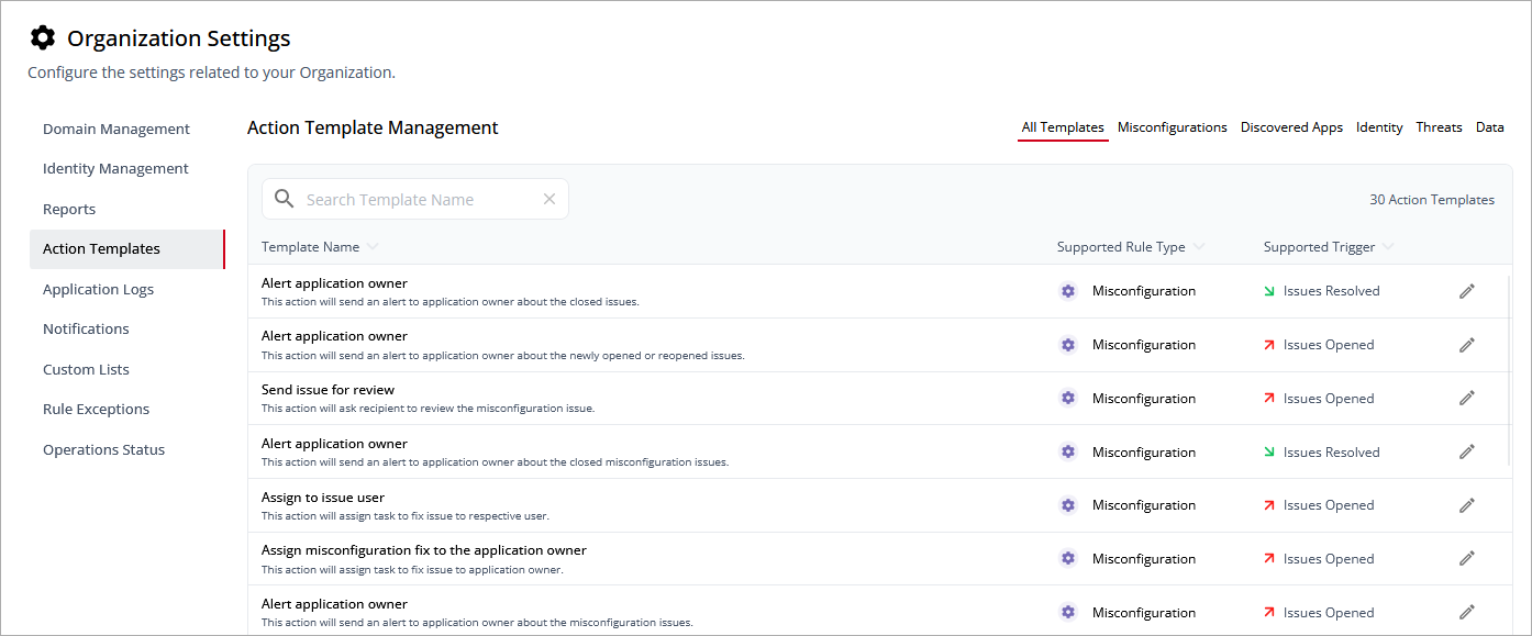 Screen shot of Actions Templates page in CloudDR