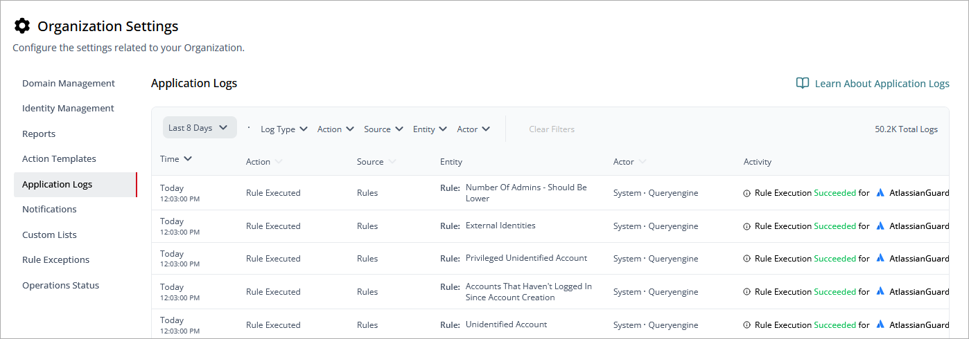 Screenshot of the Organization Settings > Application Logs page