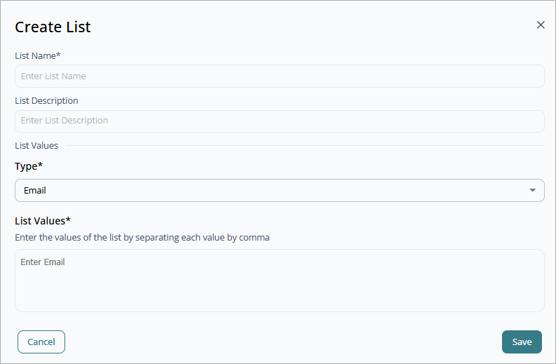 Screen shot of Create List dialog box in CloudDR