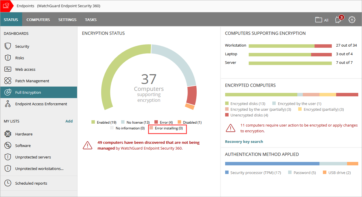 Screen shot of WatchGuard Endpoint Security 360, Full Encryption dashboard