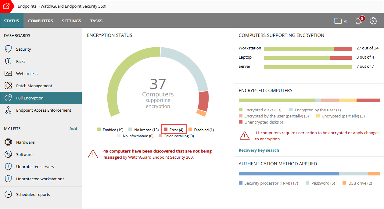 Screen shot of WatchGuard Endpoint Security 360, Full Encryption dashboard errors