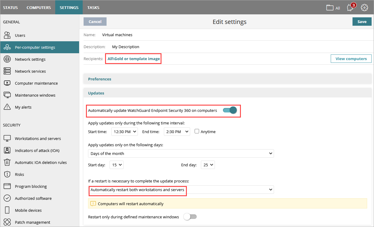 Screen shot of Settings page, Per Computer Settings, Add Settings.