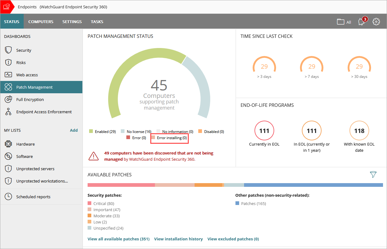 Screen shot of WatchGuard Endpoint Security 360, Patch Management dashboard, errors