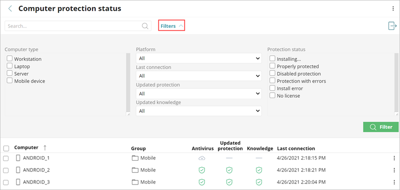 Screen shot of the Computer Protection Status list in Endpoint Security Basic