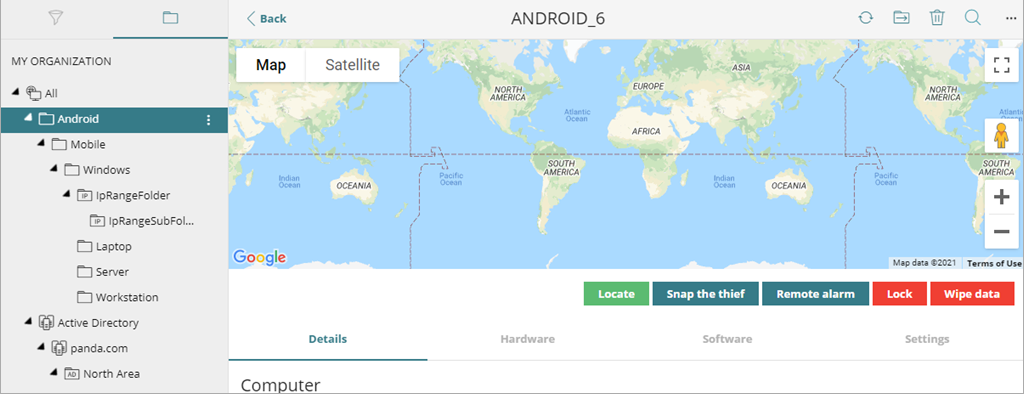 Screen shot of WatchGuard Endpoint Security, Computers page Android lock device
