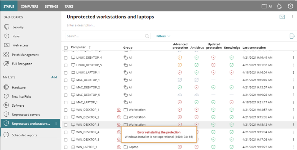 Screen shot of WatchGuard Endpoint Security, Unprotected Workstations and Laptops list