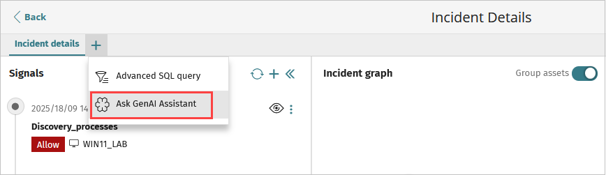 Screen shot of Incident Details page in Endpoint Security, Ask GenAI Assistant