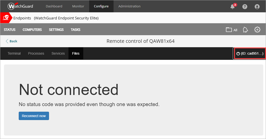 Screen shot of Endpoint Security Elite, Remote Control disconnect page