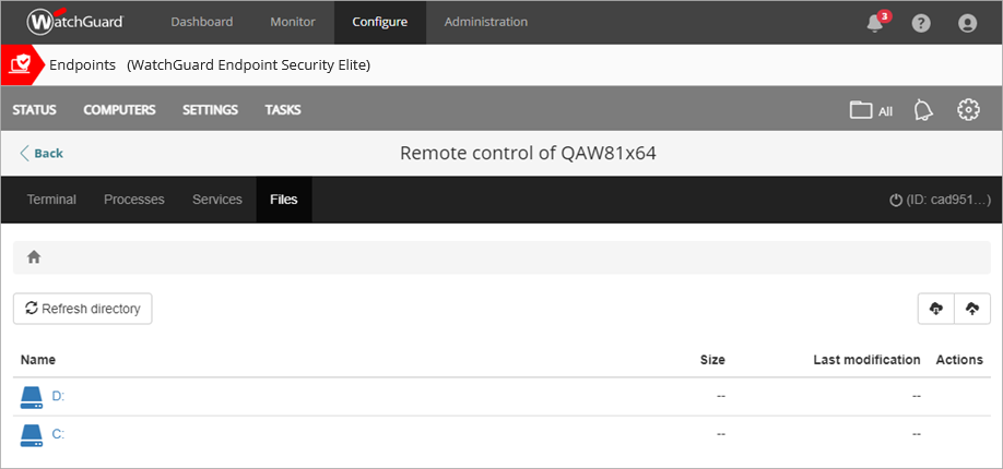 Screen shot of Endpoint Security Elite, Remote Control Files page