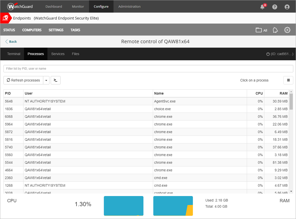 Screen shot of Endpoint Security Elite, Remote Control Processes page