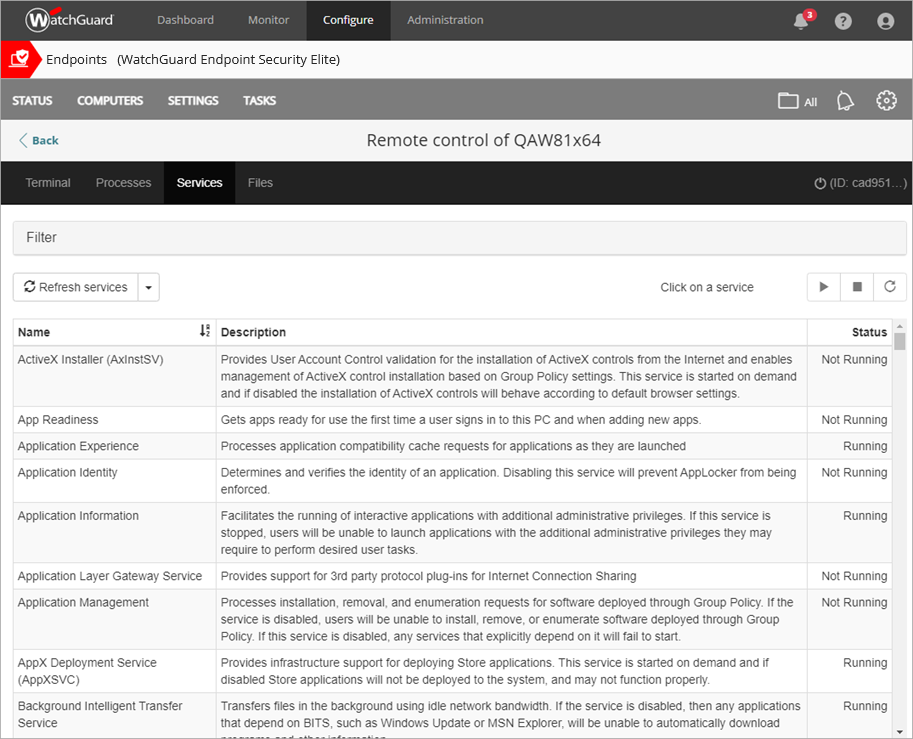 Screen shot of Endpoint Security Elite, Remote Control Services page